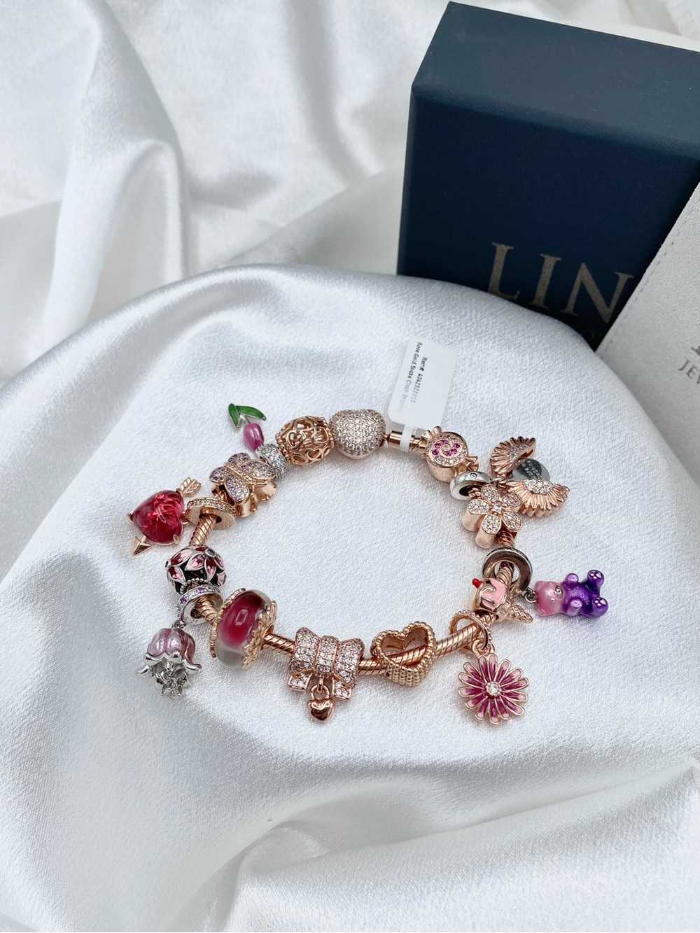 Linx Rose Gold Snake Chain Charm Bracelet with 15 Multicolored Charms